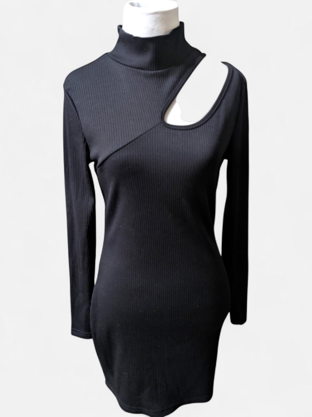 Black Long Sleeve With Shoulder Cutout Ribbed Dress